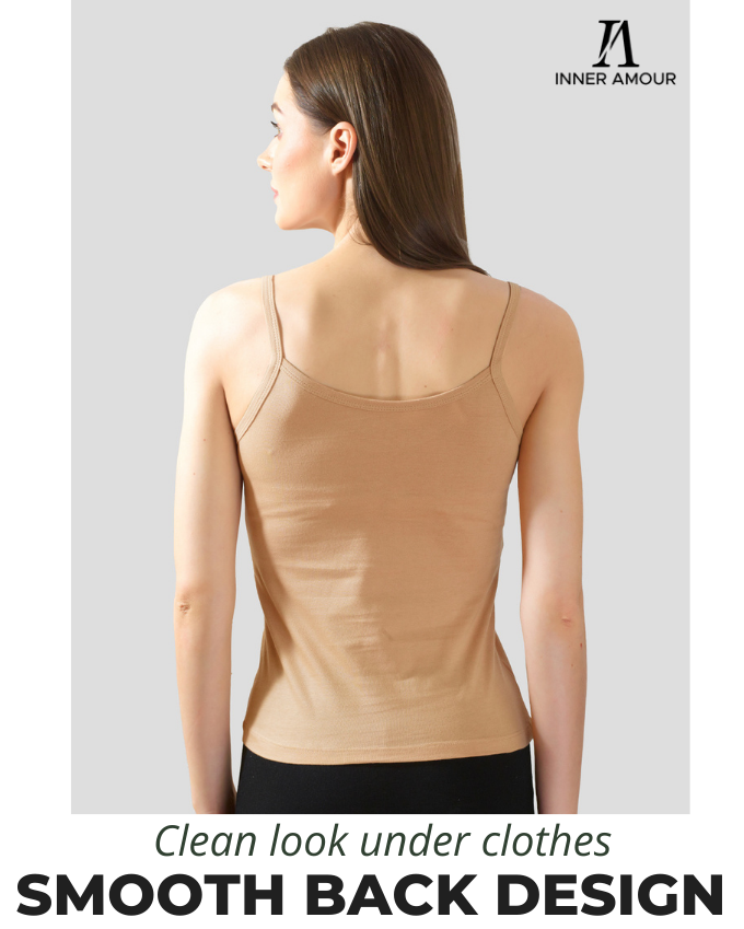 Beige Cotton Camisole Top for Women - Soft Stretch Fit with Fixed Straps & Scoop Neck