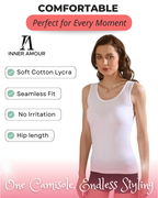 Women’s White Cotton Sleeveless Camisole Tank Top with Broad Straps & Hip Length Fit