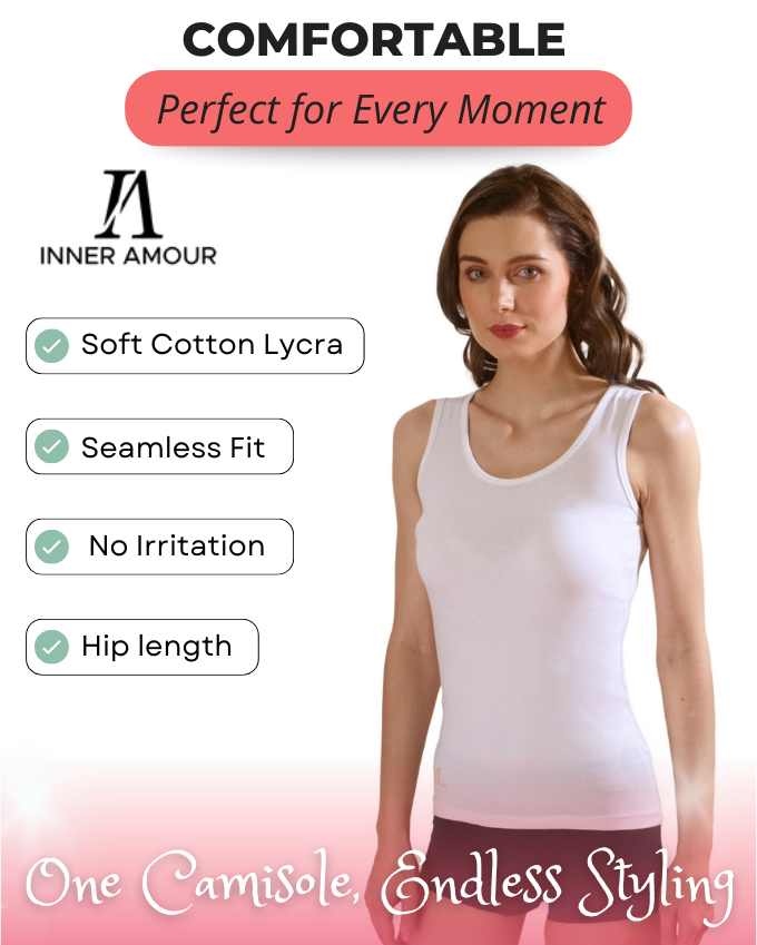 White & Grey Cotton Sleeveless Camisole Tank Top For Women with Broad Straps & Hip Length Fit (Pack of 2)