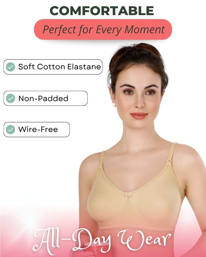 Beige, Navy Blue, Maroon Everyday Cotton Bra For Women – Non-Padded, Wire-Free, Breathable & Comfortable Fit (Pack of 3)