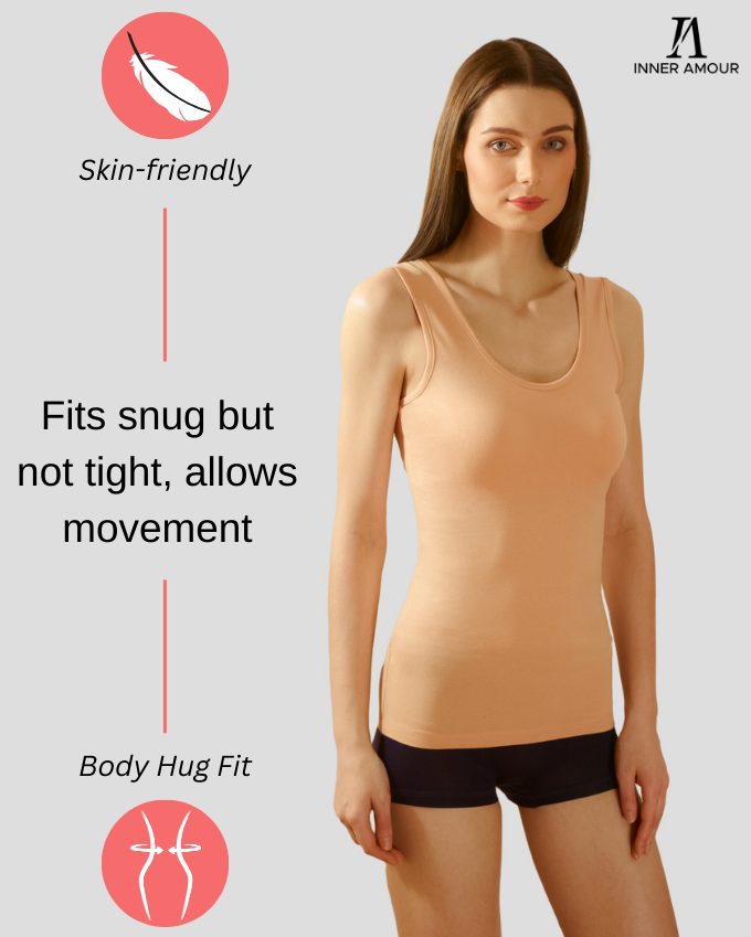 Women’s Beige Cotton Sleeveless Camisole Tank Top with Broad Straps & Hip Length Fit