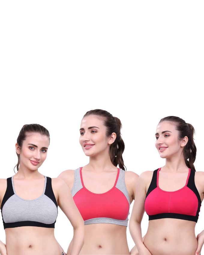 Color Block Sports Bra for Women | Non-Padded, Moisture-Wicking, Full Coverage Activewear Bra (Pack of 3)