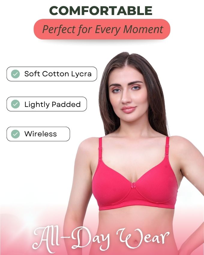 Beige & Pink Lightly Padded Bra for Women - Wireless Cotton Bra for Daily Wear (Pack of 2)