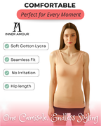 Women’s Beige Cotton Sleeveless Camisole Tank Top with Broad Straps & Hip Length Fit