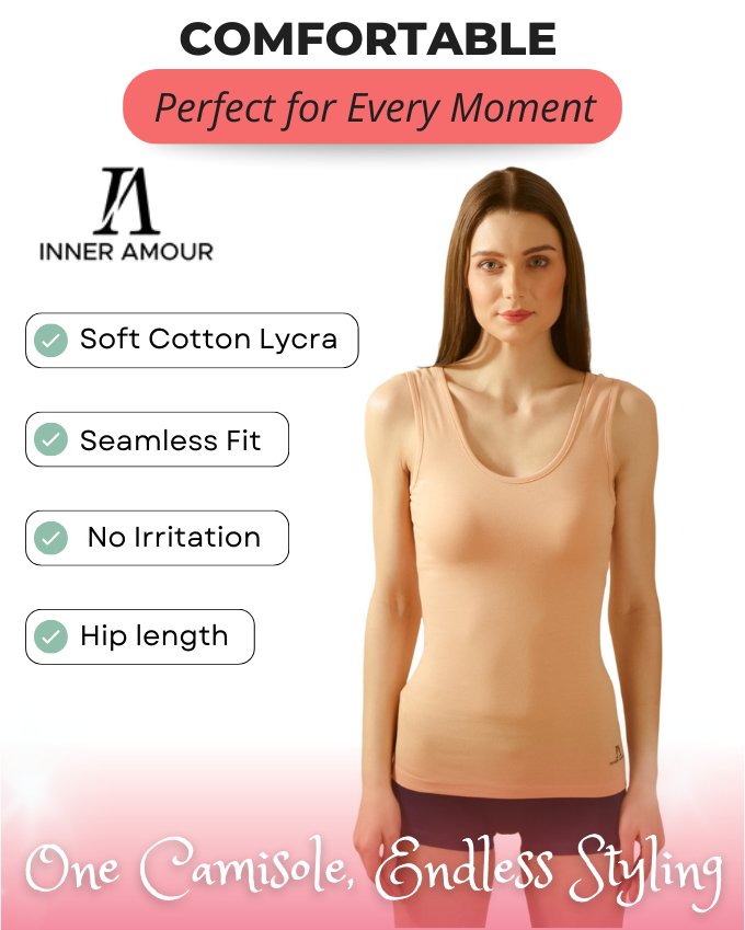 Pink & Beige Cotton Sleeveless Camisole Tank Top For Women with Broad Straps & Hip Length Fit (Pack of 2)