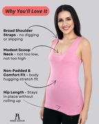 Women’s Pink Cotton Sleeveless Camisole Tank Top with Broad Straps & Hip Length Fit