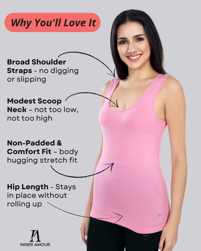 Women’s Pink Cotton Sleeveless Camisole Tank Top with Broad Straps & Hip Length Fit