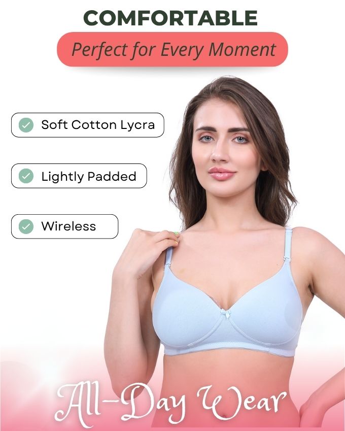 White & Blue Lightly Padded Bra for Women - Lightly Padded, Wireless Cotton Bra for Daily Wear (Pack of 2)