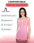 Women’s Pink Cotton Sleeveless Camisole Tank Top with Broad Straps & Hip Length Fit