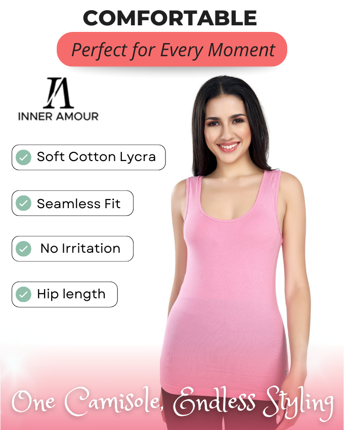 Women’s Pink Cotton Sleeveless Camisole Tank Top with Broad Straps & Hip Length Fit