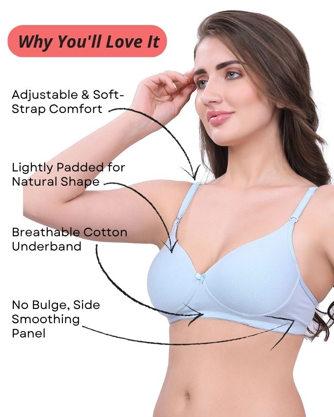 Black & Blue Lightly Padded Bra for Women - Wireless Cotton Bra for Daily Wear (Pack of 2)