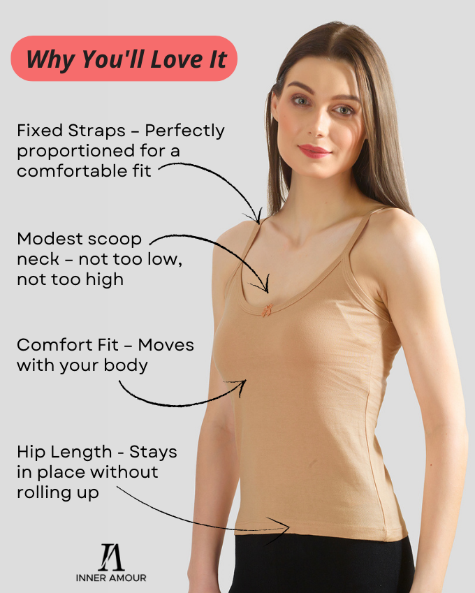 White & Beige Cotton Camisole Top for Women - Soft Stretch Fit with Fixed Straps & Scoop Neck (Pack of 2)