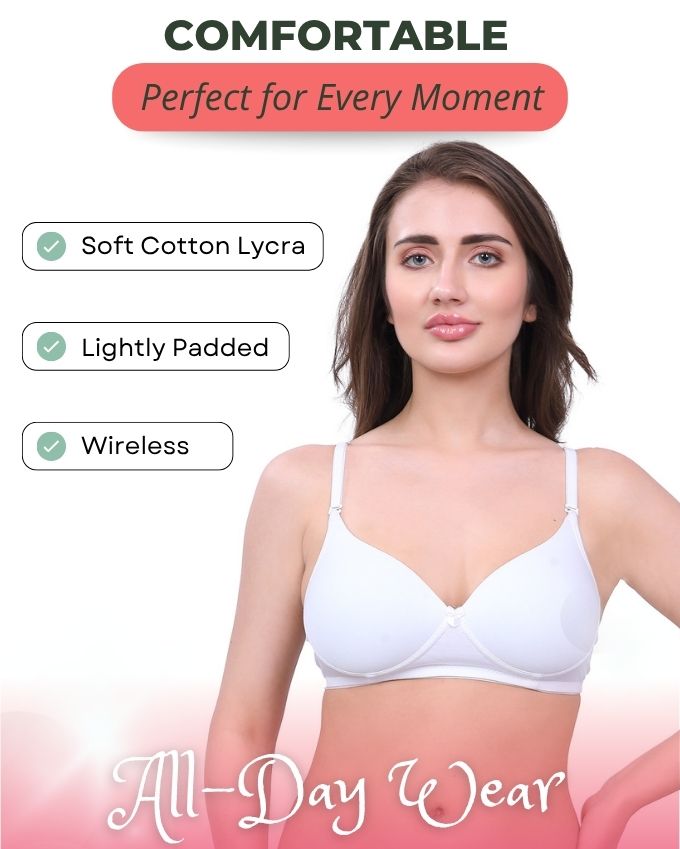 White & Beige Lightly Padded Bra for Women - Lightly Padded, Wireless Cotton Bra for Daily Wear (Pack of 2)