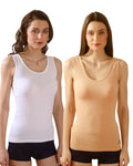 White & Beige Cotton Sleeveless Camisole Tank Top For Women with Broad Straps & Hip Length Fit (Pack of 2)