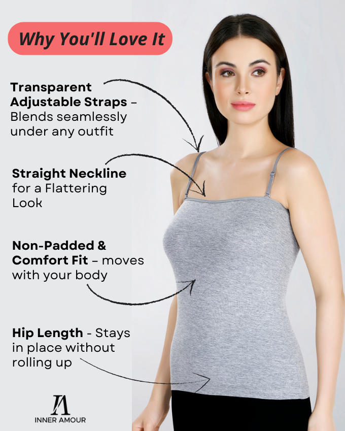 Grey Camisole for Women | Soft Cotton Stretch with Transparent Adjustable Straps