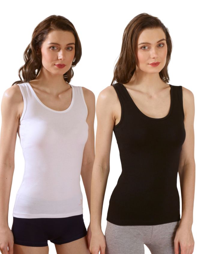 White & Black Cotton Sleeveless Camisole Tank Top For Women with Broad Straps & Hip Length Fit (Pack of 2)