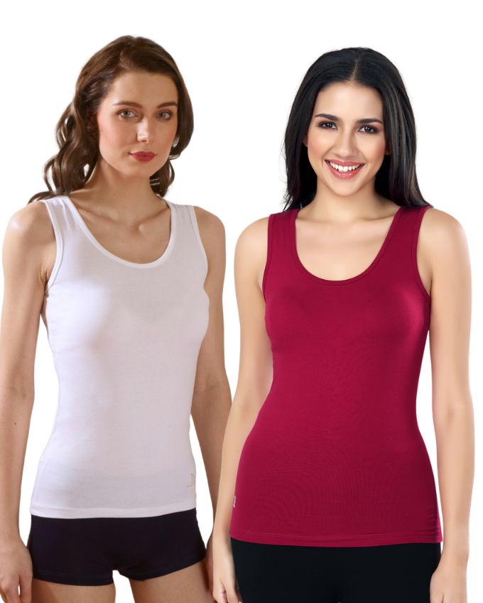White & Maroon Cotton Sleeveless Camisole Tank Top For Women with Broad Straps & Hip Length Fit (Pack of 2)