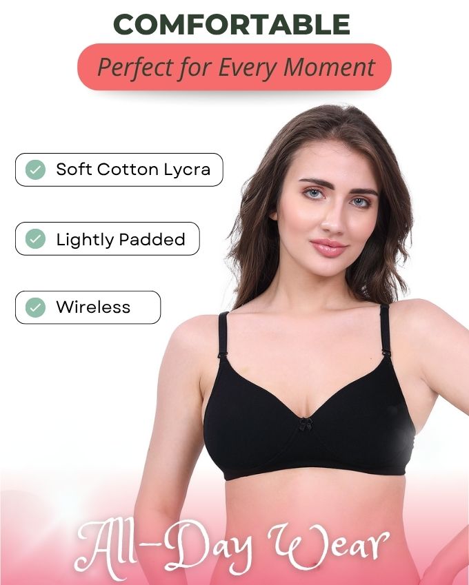 Black & Blue Lightly Padded Bra for Women - Wireless Cotton Bra for Daily Wear (Pack of 2)