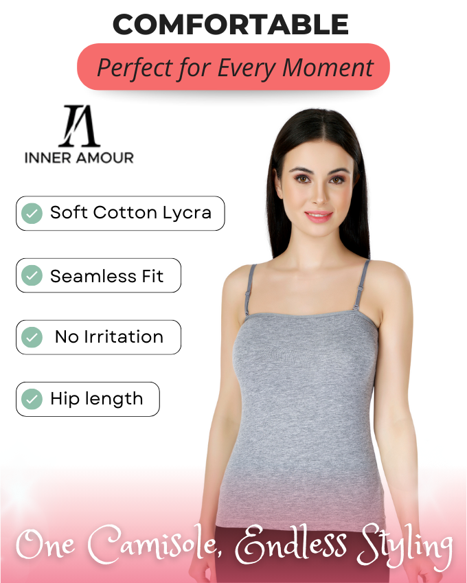 Grey Camisole for Women | Soft Cotton Stretch with Transparent Adjustable Straps