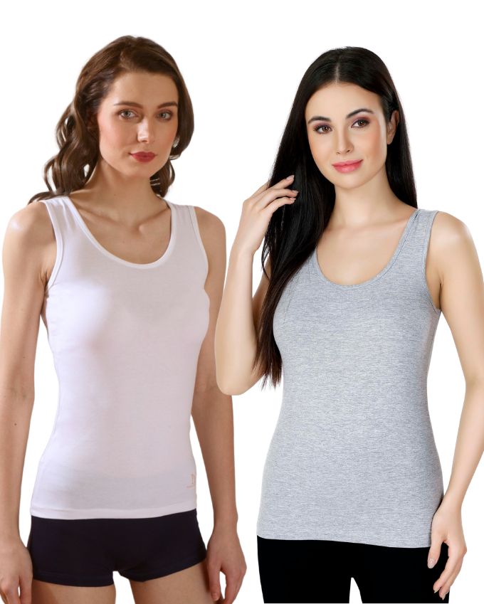 White & Grey Cotton Sleeveless Camisole Tank Top For Women with Broad Straps & Hip Length Fit (Pack of 2)