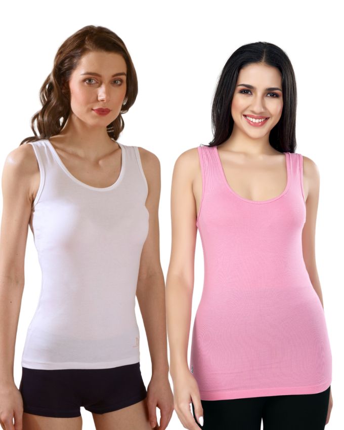 White & Pink Cotton Sleeveless Camisole Tank Top For Women with Broad Straps & Hip Length Fit (Pack of 2)