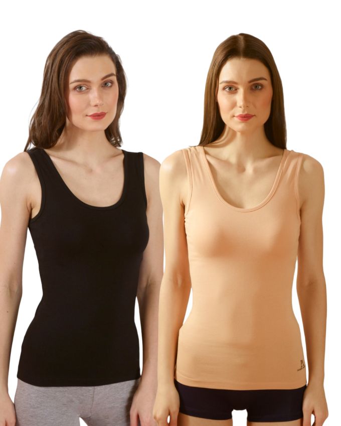 Black & Beige Cotton Sleeveless Camisole Tank Top For Women with Broad Straps & Hip Length Fit (Pack of 2)