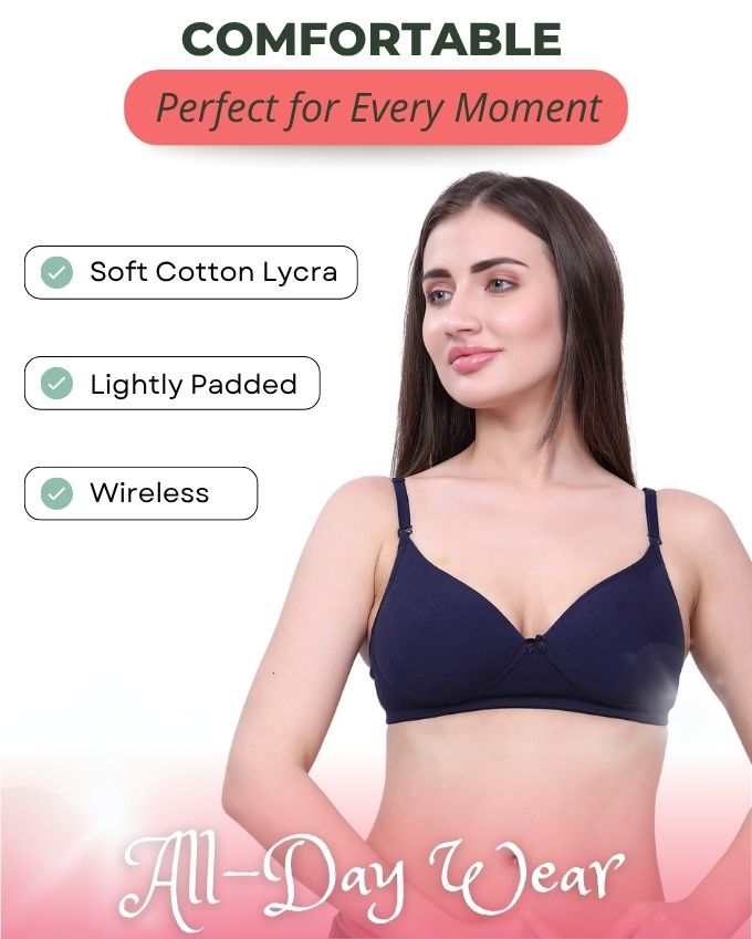 Navy Blue Lightly Padded Bra for Women - Lightly Padded, Wireless Cotton Bra for Daily Wear
