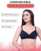 Navy Blue Lightly Padded Bra for Women - Lightly Padded, Wireless Cotton Bra for Daily Wear