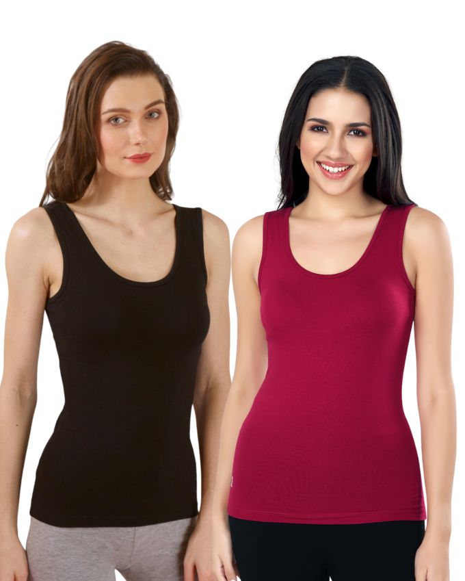 Black & Maroon Cotton Sleeveless Camisole Tank Top For Women with Broad Straps & Hip Length Fit (Pack of 2)
