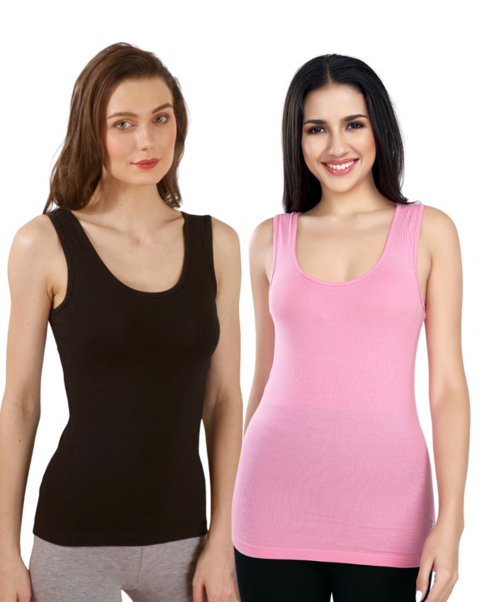 Black & Pink Cotton Sleeveless Camisole Tank Top For Women with Broad Straps & Hip Length Fit (Pack of 2)