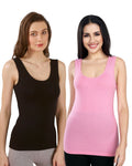 Black & Pink Cotton Sleeveless Camisole Tank Top For Women with Broad Straps & Hip Length Fit (Pack of 2)