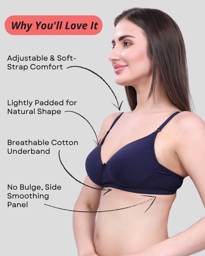 Navy Blue Lightly Padded Bra for Women - Lightly Padded, Wireless Cotton Bra for Daily Wear