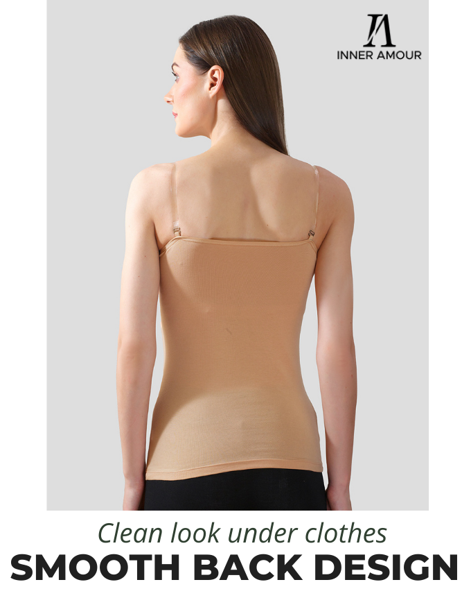 Beige Camisole for Women | Soft Cotton Stretch with Transparent Adjustable Straps