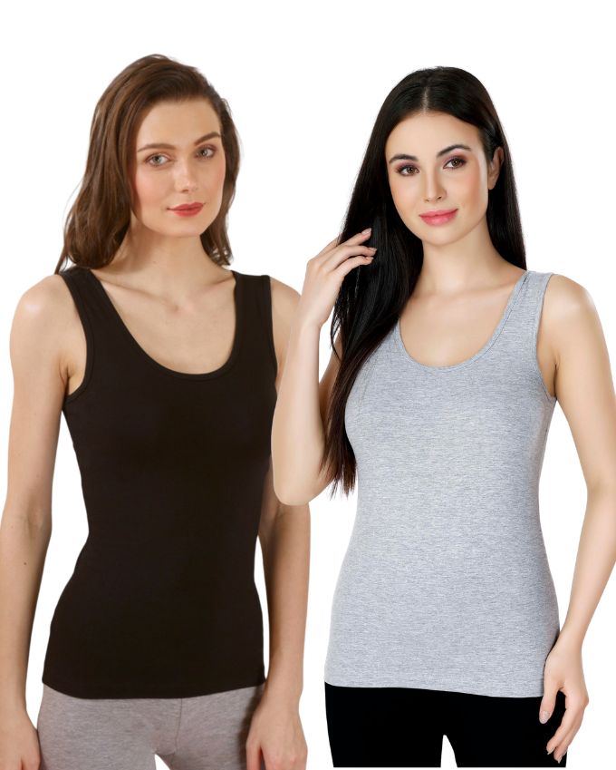 Black & Grey Cotton Sleeveless Camisole Tank Top For Women with Broad Straps & Hip Length Fit (Pack of 2)