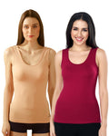 Beige & Maroon Cotton Sleeveless Camisole Tank Top For Women with Broad Straps & Hip Length Fit (Pack of 2)