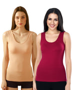 Beige & Maroon Cotton Sleeveless Camisole Tank Top For Women with Broad Straps & Hip Length Fit (Pack of 2)