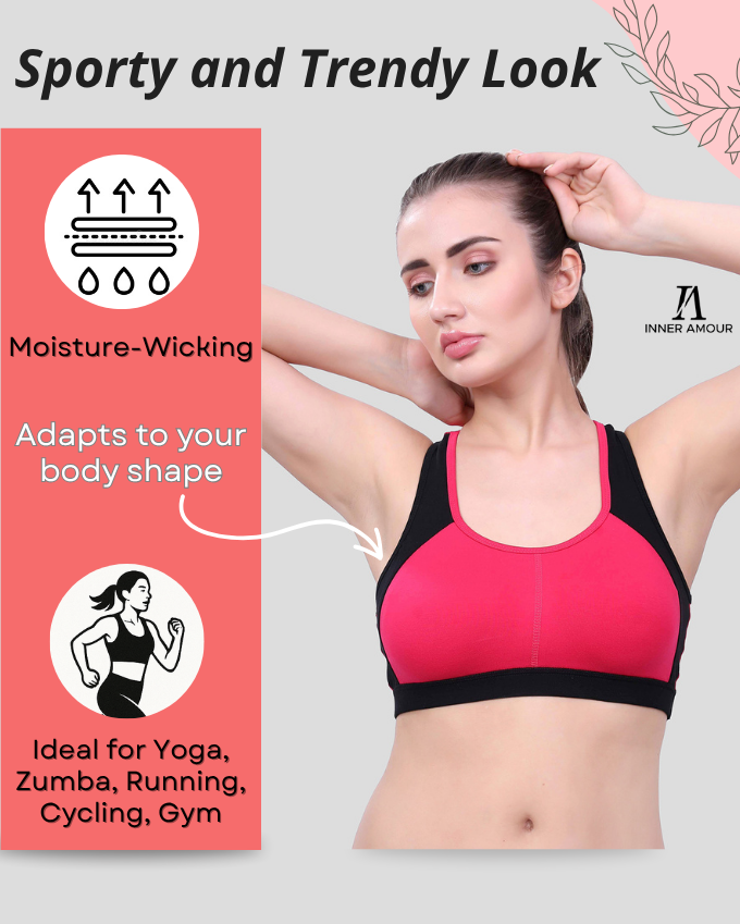 Black & Pink Sports Bra for Women | Non-Padded, Moisture-Wicking, Full Coverage Activewear Bra