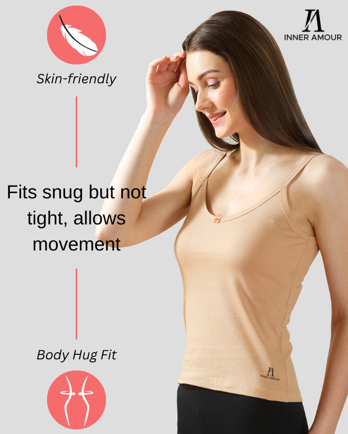 White & Beige Cotton Camisole Top for Women - Soft Stretch Fit with Fixed Straps & Scoop Neck (Pack of 2)
