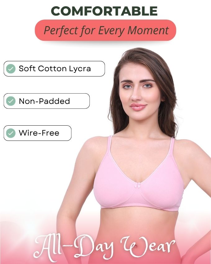 Pink Cotton Bra for Women | Non-Padded, Wireless, Full Coverage | Daily Wear Comfort Bra