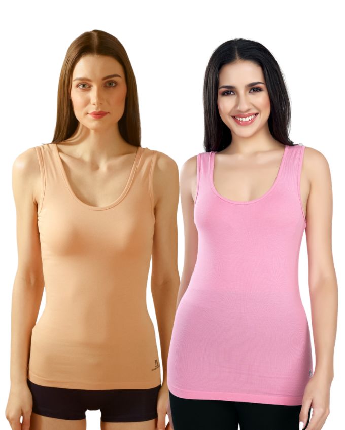Pink & Beige Cotton Sleeveless Camisole Tank Top For Women with Broad Straps & Hip Length Fit (Pack of 2)