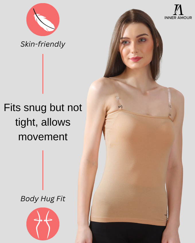 Beige Camisole for Women | Soft Cotton Stretch with Transparent Adjustable Straps