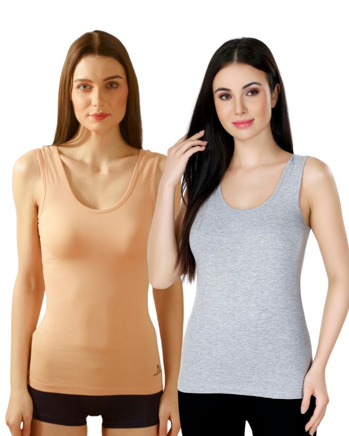Beige & Grey Cotton Sleeveless Camisole Tank Top For Women with Broad Straps & Hip Length Fit (Pack of 2)