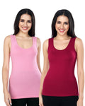 Pink & Maroon Cotton Sleeveless Camisole Tank Top For Women with Broad Straps & Hip Length Fit (Pack of 2)