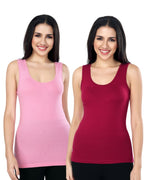 Pink & Maroon Cotton Sleeveless Camisole Tank Top For Women with Broad Straps & Hip Length Fit (Pack of 2)