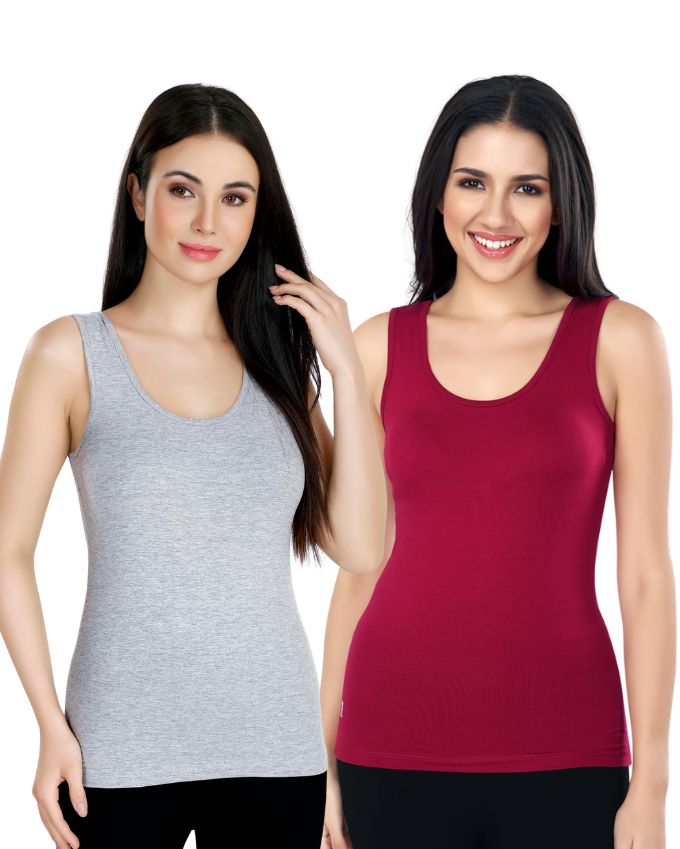 Grey & Maroon Cotton Sleeveless Camisole Tank Top For Women with Broad Straps & Hip Length Fit (Pack of 2)