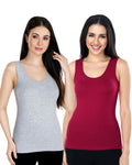 Grey & Maroon Cotton Sleeveless Camisole Tank Top For Women with Broad Straps & Hip Length Fit (Pack of 2)