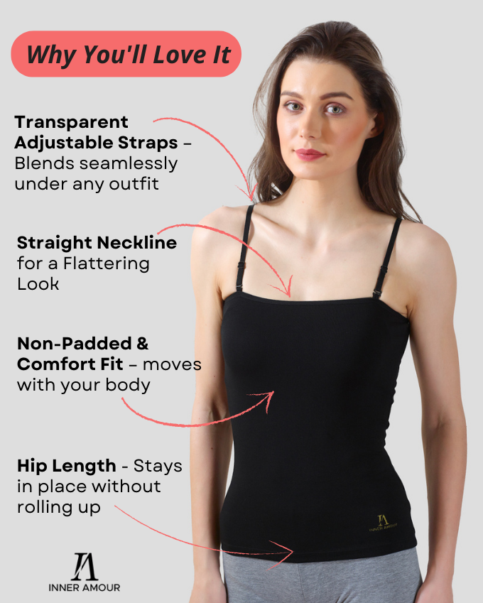 Black Camisole for Women | Soft Cotton Stretch with Transparent Adjustable Straps