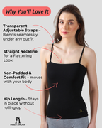 Black Camisole for Women | Soft Cotton Stretch with Transparent Adjustable Straps