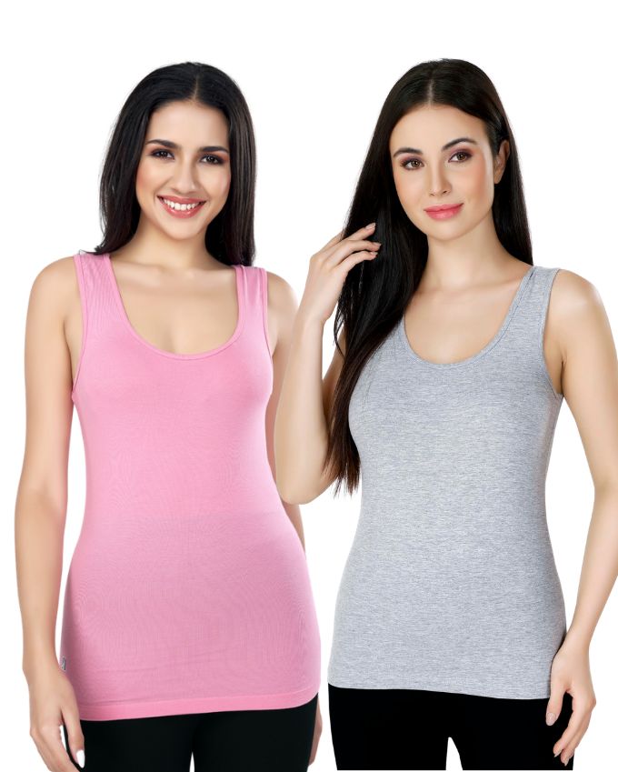 Grey & Pink Cotton Sleeveless Camisole Tank Top For Women with Broad Straps & Hip Length Fit (Pack of 2)