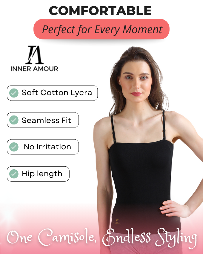 Black Camisole for Women | Soft Cotton Stretch with Transparent Adjustable Straps